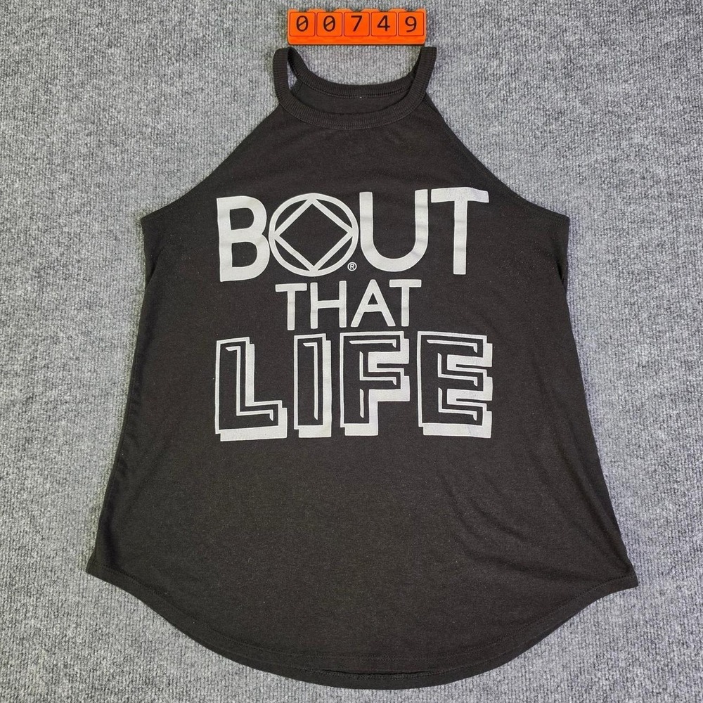 Just for today clothing black tank top with white text reading 'BOUT THAT LIFE'
